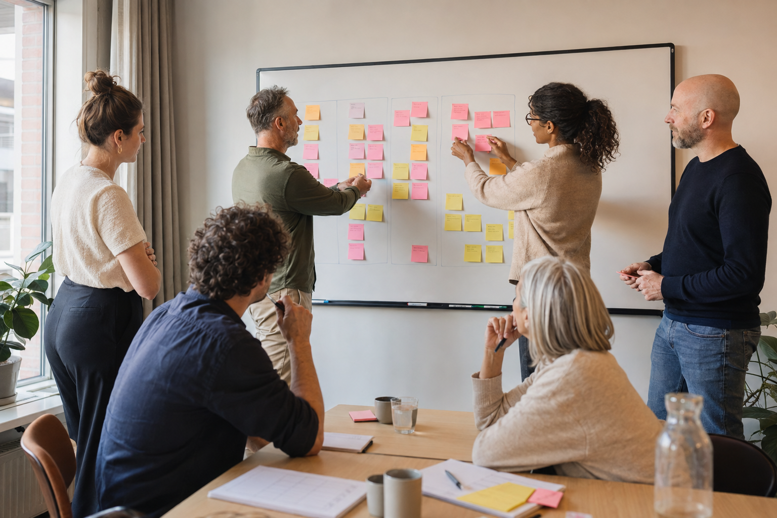 Team werkt samen met post-its aan een whiteboard tijdens een impactsessie